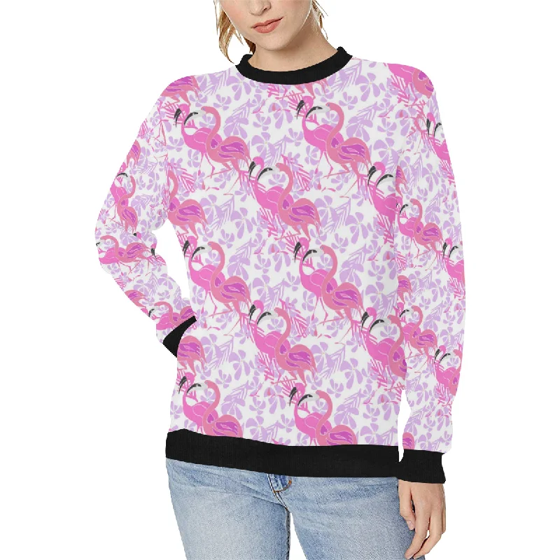 Pink flamingo flower pattern Women's Crew Neck Sweatshirt Hoodie with Ribbed Cuffs Snug Fit Comfort