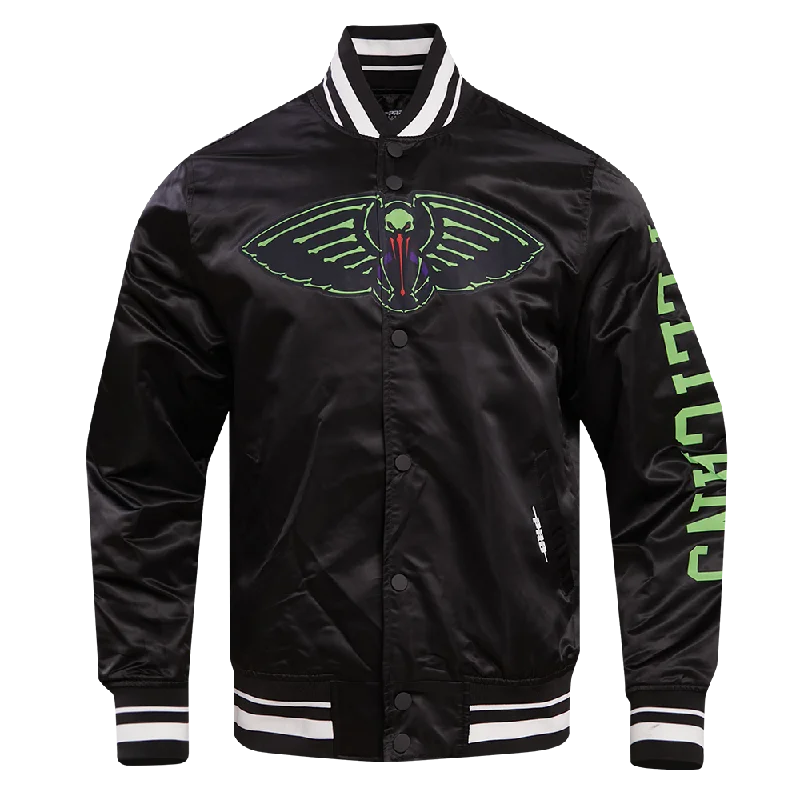 NBA NEW ORLEANS PELICANS MARDI GRAS MEN'S CHEST RIB SATIN JACKET (BLACK) Zippered Front Buttoned Front Snap Front