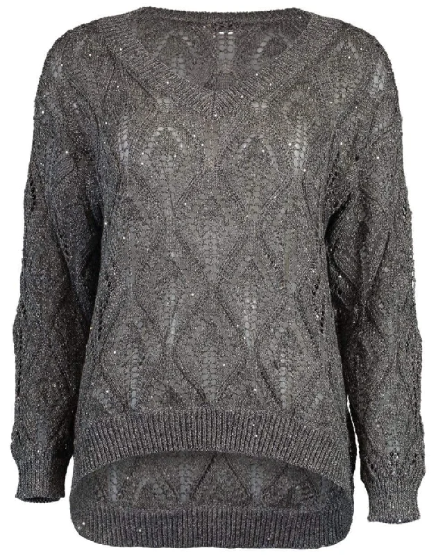 Diamond Crochet V-Neck Woven Sweater Tailored Straight A-Line