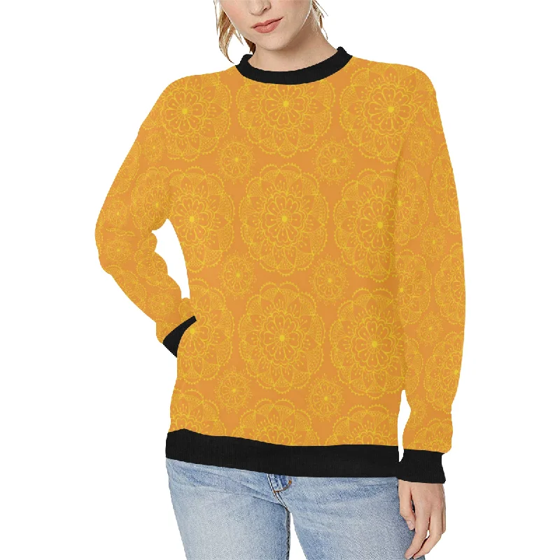 Orange traditional indian element pattern Women's Crew Neck Sweatshirt Hoodie with Velcro Closure Adjustable Secure