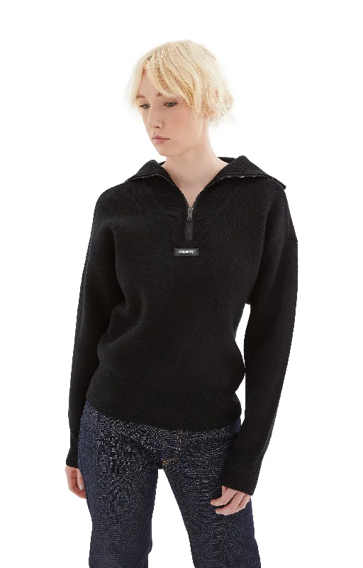 Half-Zip Boxy Sweater (Black) Handmade Hand-knitted Hand-woven