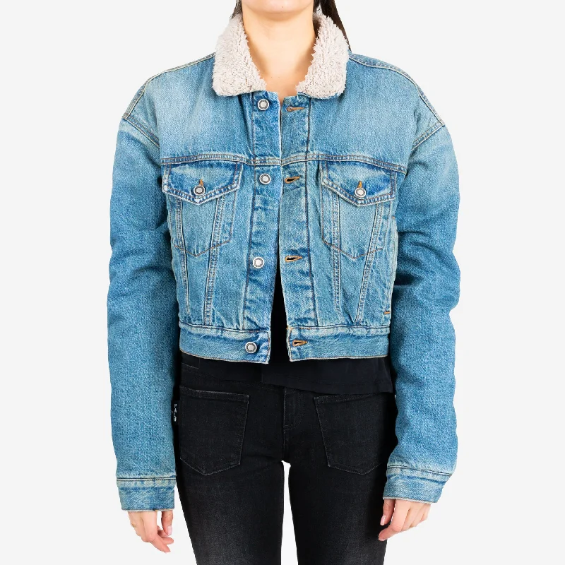 Womens Vintage Wash Jean Jacket A-Line Jacket Boat Neck Shawl Collar