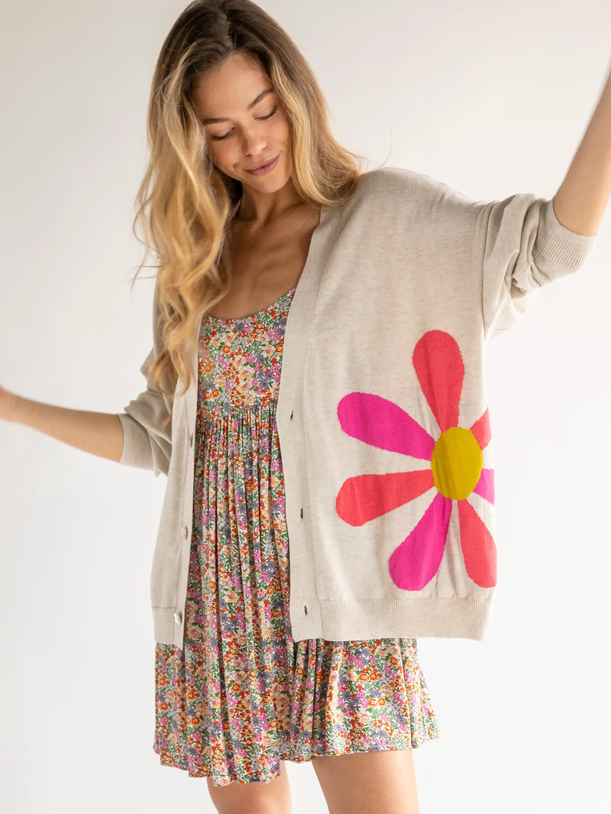 Live Happy Cotton Cardigan Sweater - Cream Daisy Long Sweater Short Sweater Cropped Sweater