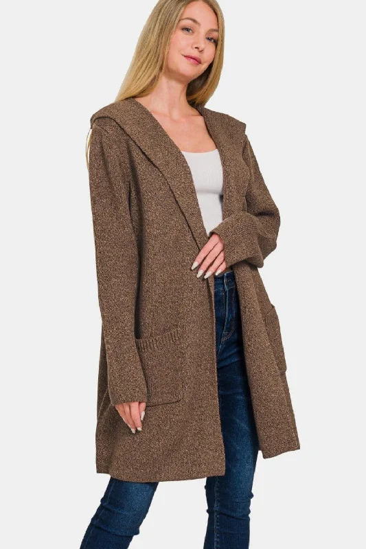 Zenana Hooded Open Front Sweater Cardigan Print Jacquard Patchwork