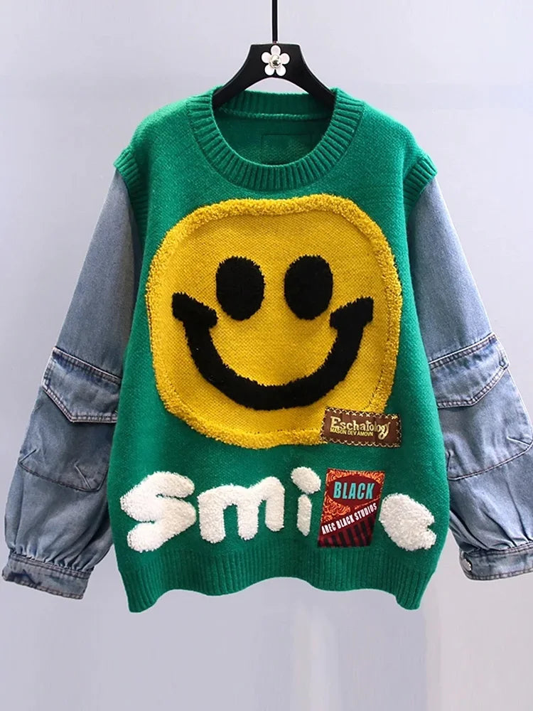Smiling Face Loose Sweater Tops Women Denim Sleeve Round Neck Pullover Jumpers Winter Fashion Streetwear Stylish Chic Knitwear High Neck Crew Neck V-Neck Smiling Face Loose Sweater Tops Women Denim Sleeve Round Neck Pullover Jumpers Winter Fashion Streetwear Stylish Chic Knitwear High Neck Crew Neck V-Neck