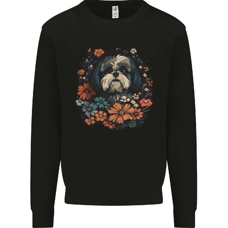 A Shih Tzu Dog With Flowers Mens Sweatshirt Jumper Hoodie with Applique Textured Unique