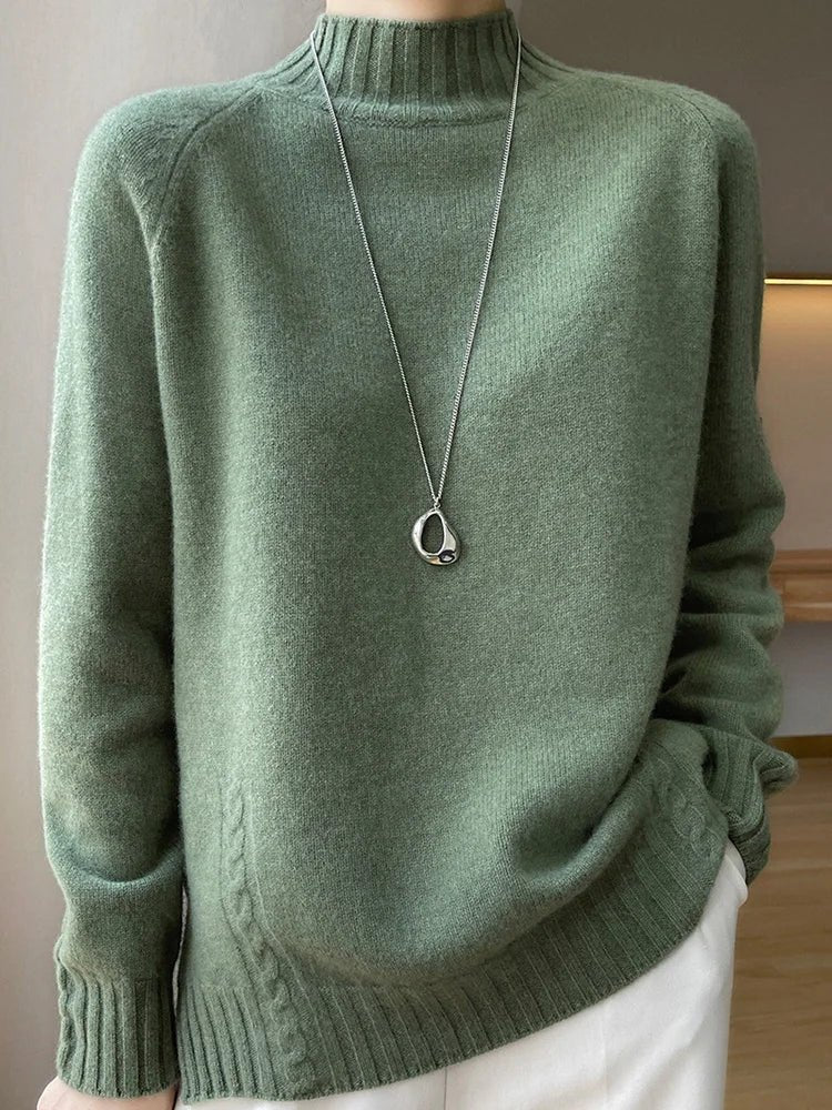 Women’s Wool Sweater Mock Neck Pullover Cashmere Raglan Sleeve Thick Loose Autumn Winter 100% Merino Wool Knitwear Warm Tops Solid Print Embellished