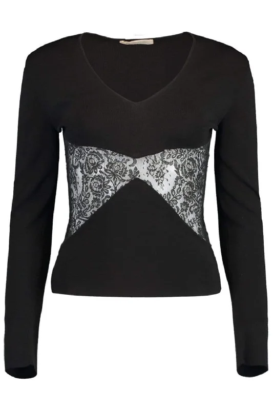 3/4 Sleeve Lace Detail Knit Sweater Real Fur Shearling Chenille