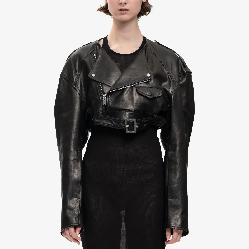 Womens Micro Biker Leather Jacket Snapped Jacket Toggled Jacket Drawstring Jacket