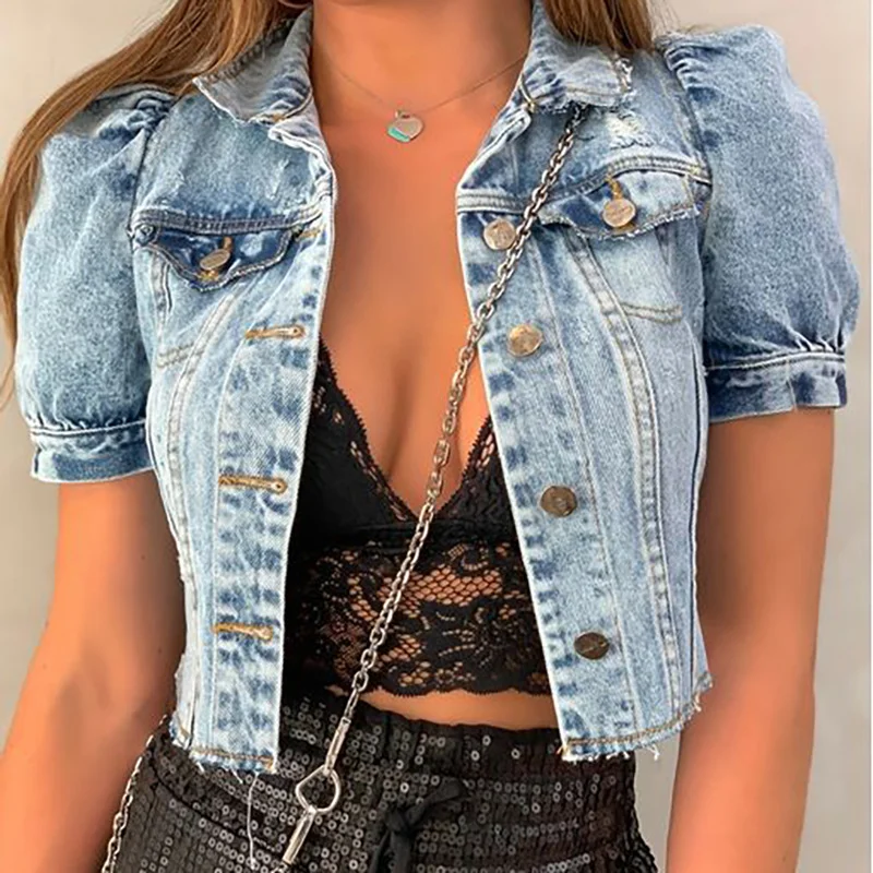 2 Pieces Women Fashion Vintage Frayed Denim Short Sleeve Single-Breasted Jacket Front Pockets Side Pockets Patch Pockets 2 Pieces Women Fashion Vintage Frayed Denim Short Sleeve Single-Breasted Jacket Front Pockets Side Pockets Patch Pockets