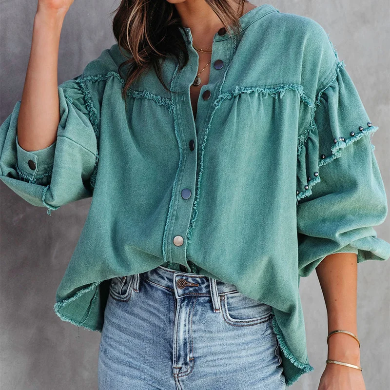 Women Fashion Vintage Street Style Rivet Lantern Sleeve Ruffle Sleeve Washed Raw Hem Solid Color Denim Jacket Coat Anorak Shell Jacket Lightweight Jacket Women Fashion Vintage Street Style Rivet Lantern Sleeve Ruffle Sleeve Washed Raw Hem Solid Color Denim Jacket Coat Anorak Shell Jacket Lightweight Jacket