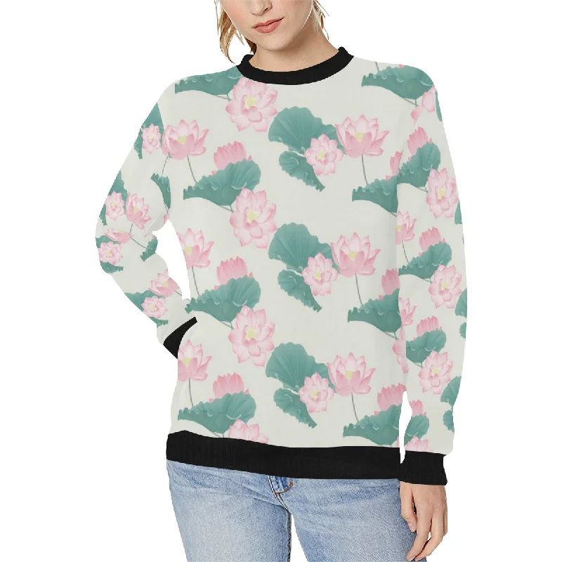 Pink lotus waterlily leaves pattern Women's Crew Neck Sweatshirt Hoodie with Batwing Sleeves Loose Dramatic