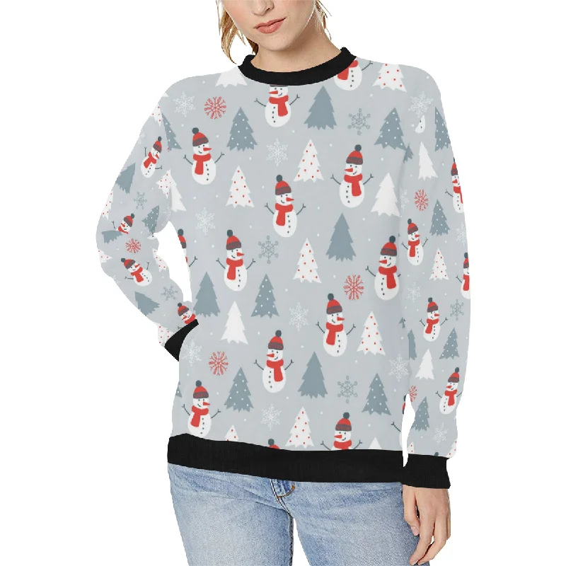 Snowman christmas  tree snow gray background Women's Crew Neck Sweatshirt Hoodie with Oversized Fit Loose Comfortable