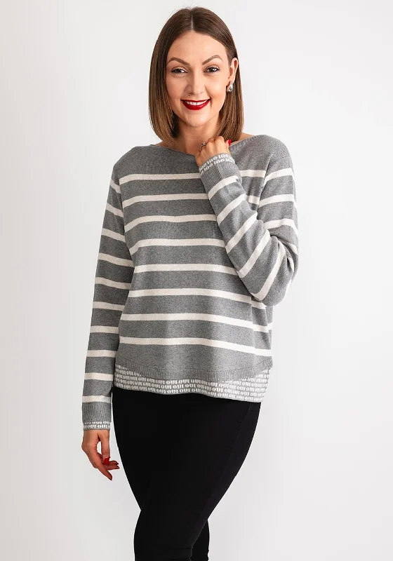 OUI Striped Oui Logo Jumper, Grey Mesh Fabric Canvas Fabric Denim Fabric