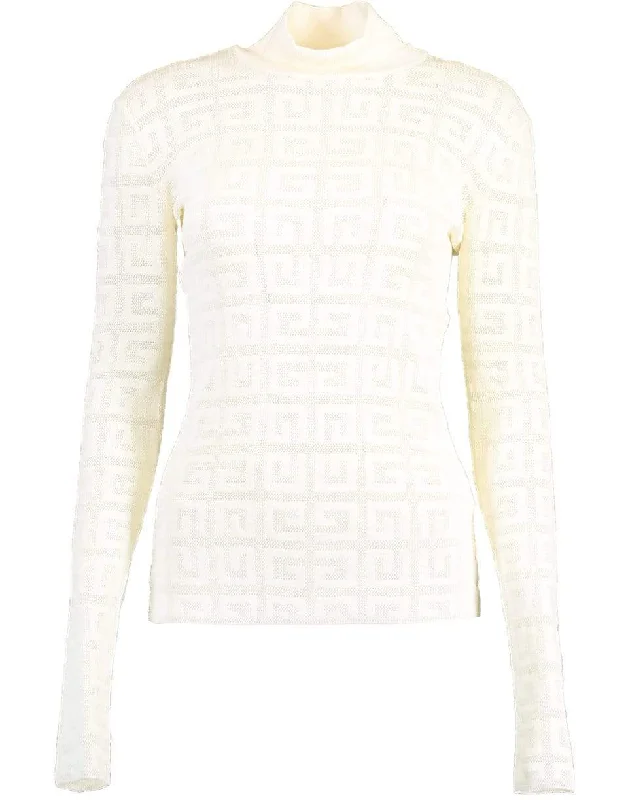 Lace Monogram Stretch Sweater - Off White Real Fur Shearling Chenille