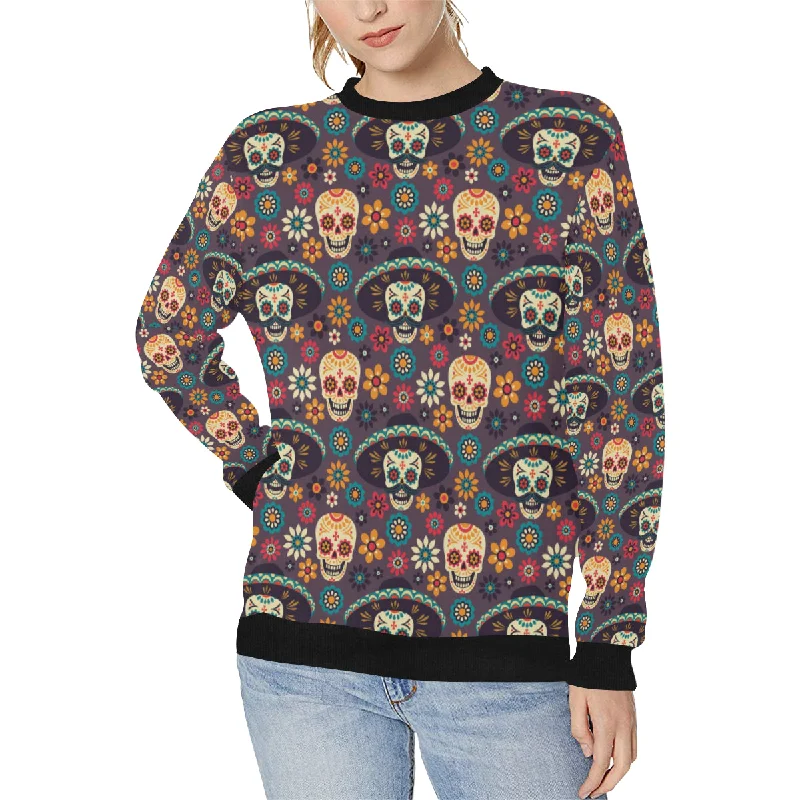 Sugar skulls flower maxican pattern Women's Crew Neck Sweatshirt Graphic Hoodie Design Print