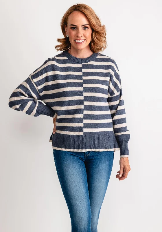 Fransa Bitte Striped Knit Jumper, Blue Elasticated Padded Insulated