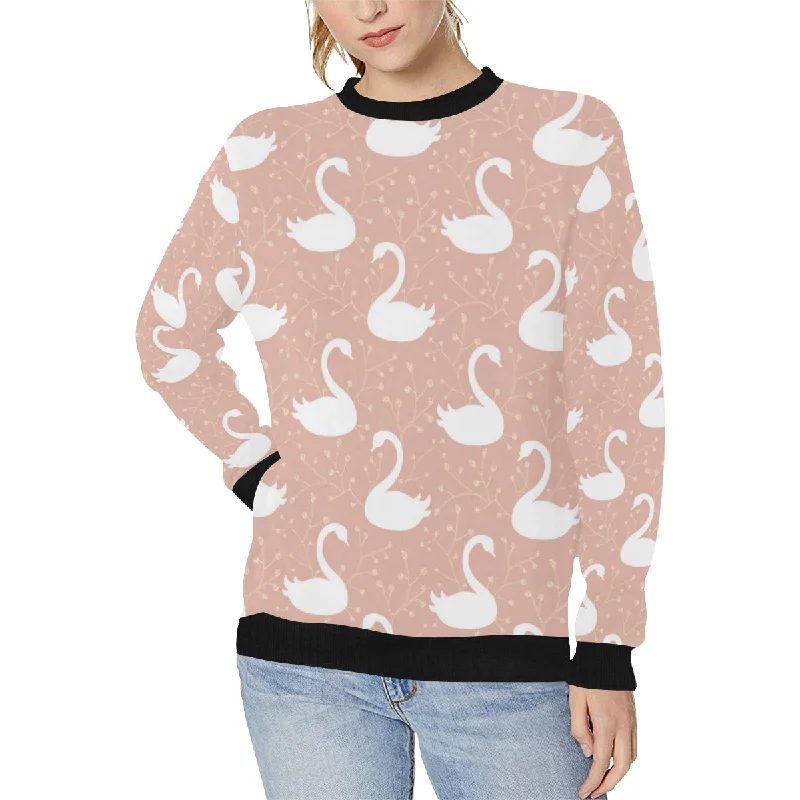 Swan flower light pink background Women's Crew Neck Sweatshirt Hoodie with Oversized Fit Loose Comfortable