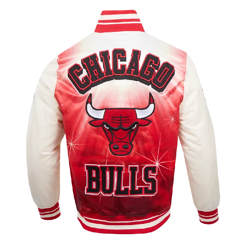 NBA CHICAGO BULLS SUBLIMATED MEN'S SATIN JACKET-WHITE (EGGSHELL/ RED) Corduroy Jacket Velvet Jacket Brocade Jacket