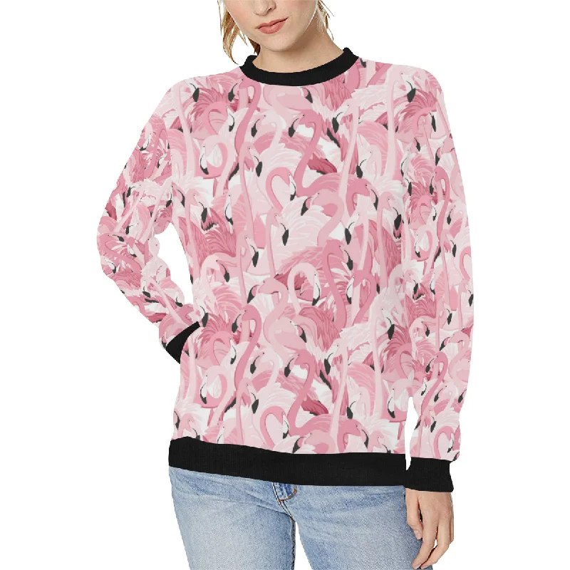 Pink flamingos pattern background Women's Crew Neck Sweatshirt Hoodie with Pocket Utility Practical