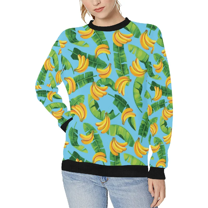 banana leaves banana design pattern Women's Crew Neck Sweatshirt Hoodie with Hem Patch Decorative Personalized