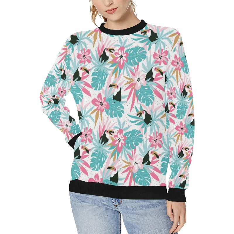 Toucan tropical flower leave pattern Women's Crew Neck Sweatshirt Hoodie with Emblem Brand Identity