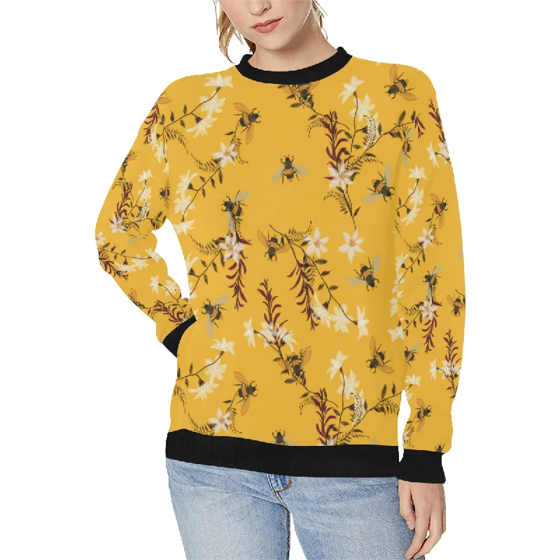 Bee flower pattern Women's Crew Neck Sweatshirt Hoodie with Raglan Sleeves Sporty Comfortable