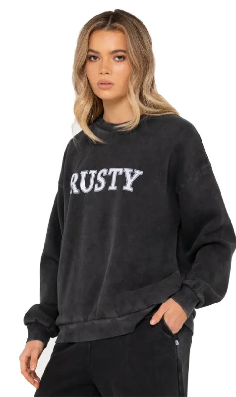 Rusty Oversize Crew Ladies Jumper Washed Black Mesh Blend Leather Blend Suede Blend