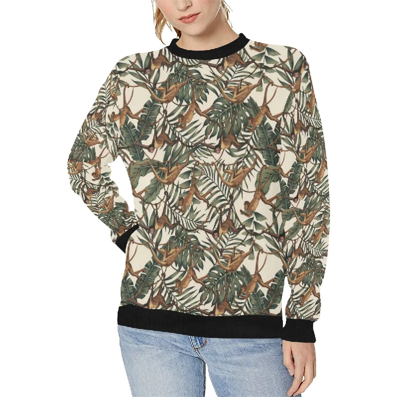 Monkey tropical leaves background Women's Crew Neck Sweatshirt Hoodie with Neon Bright Vibrant