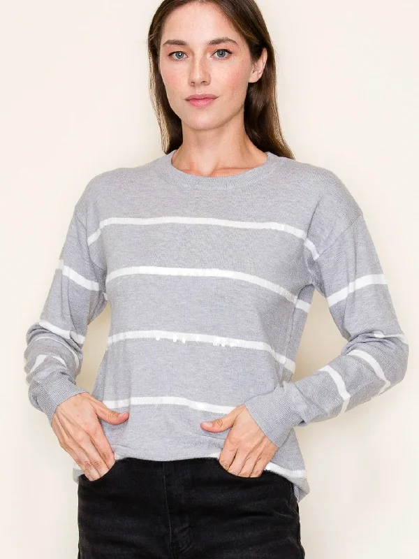 Beaded Stripe Pullover Sweater Front Pockets Side Pockets Patch Pockets