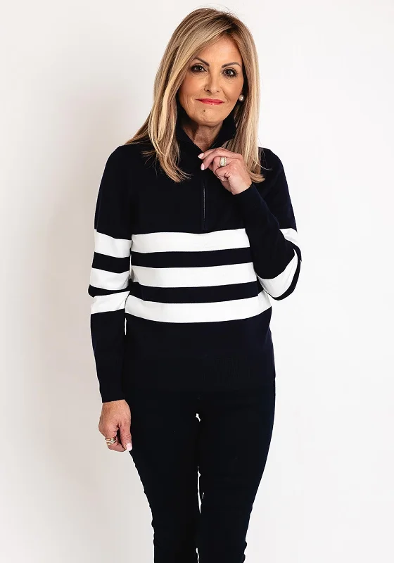 Micha Striped Quarter Zip Knitted Sweater, Navy & Off-White Zippered Front Buttoned Front Snap Front