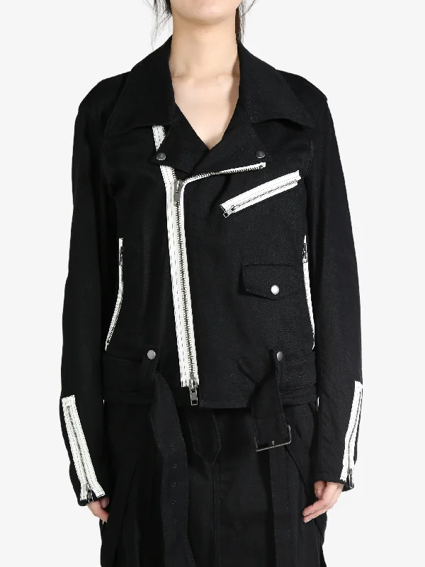 YOHJI YAMAMOTO LIMI FEU - Women Belt Detail Biker Jacket Cotton Fabric Linen Fabric Terry Fabric YOHJI YAMAMOTO LIMI FEU - Women Belt Detail Biker Jacket Cotton Fabric Linen Fabric Terry Fabric