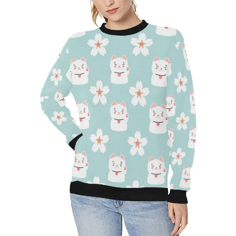 Maneki neko cat sakura Women's Crew Neck Sweatshirt Hoodie with Cropped Fit Short Trendy