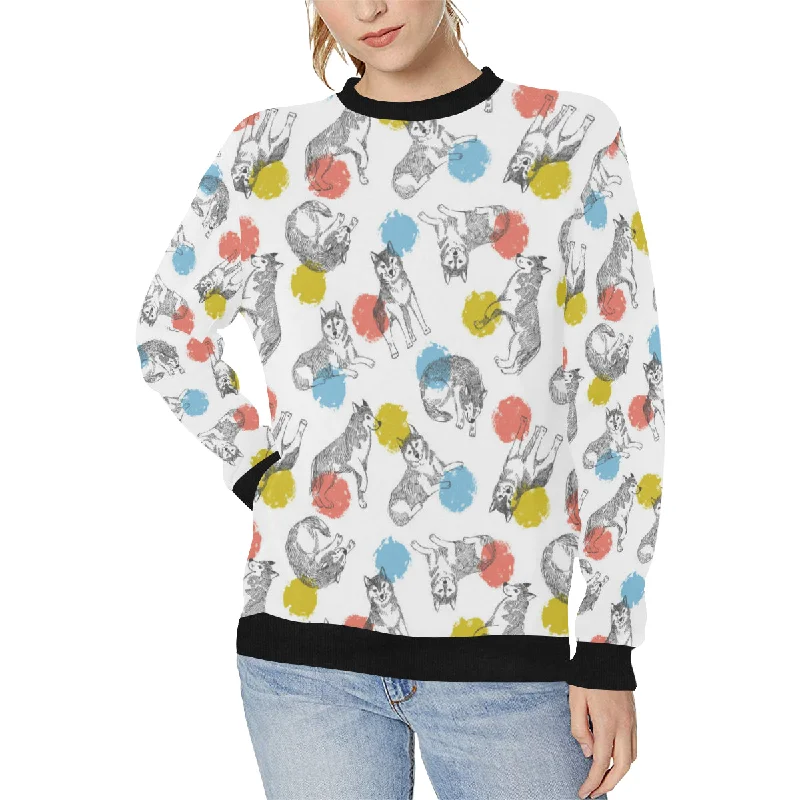 Siberian husky and colorful circle pattern Women's Crew Neck Sweatshirt Oversized Hoodie Comfort Casual