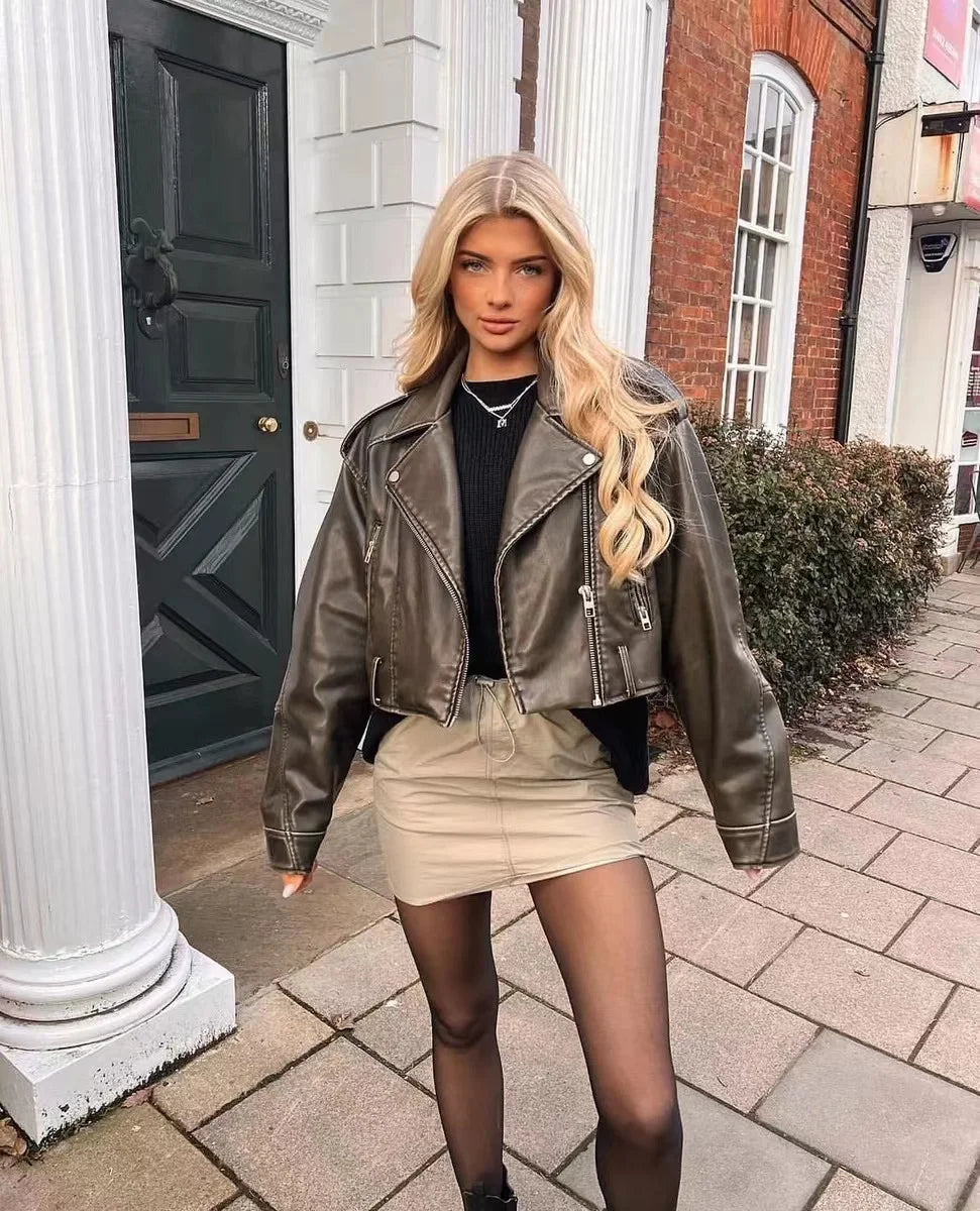 Wjczt 2024 Women Vintage Loose Pu Faux Leather Short Jacket with Belt Streetwear Female Zipper Retro Moto Biker Coat Outwear Tops Knit Jacket Woven Jacket Fleece Jacket Wjczt 2024 Women Vintage Loose Pu Faux Leather Short Jacket with Belt Streetwear Female Zipper Retro Moto Biker Coat Outwear Tops Knit Jacket Woven Jacket Fleece Jacket