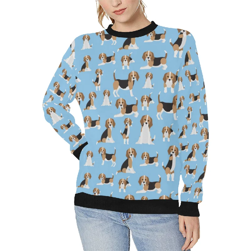 Beagle dog blue background pattern Women's Crew Neck Sweatshirt Hoodie with Distressed Vintage Worn