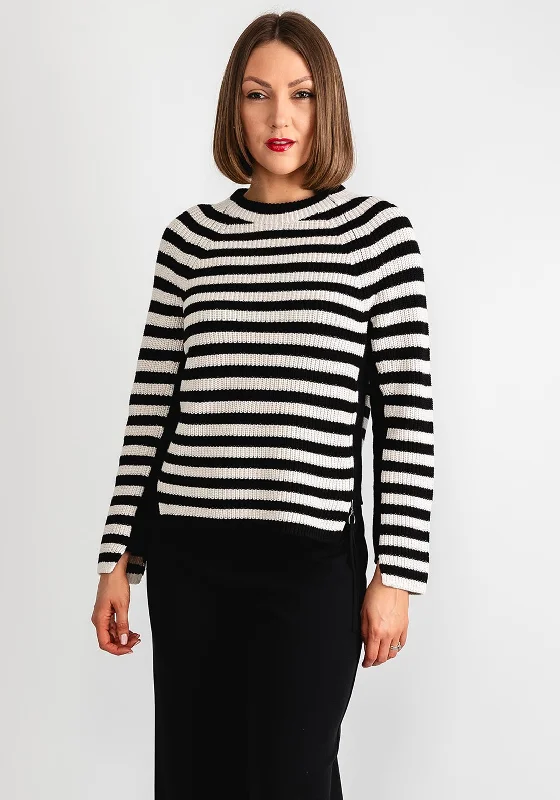 Oui Striped Zip Trim Knit Jumper, Black & Cream Graphic Sweater Embroidered Appliqued