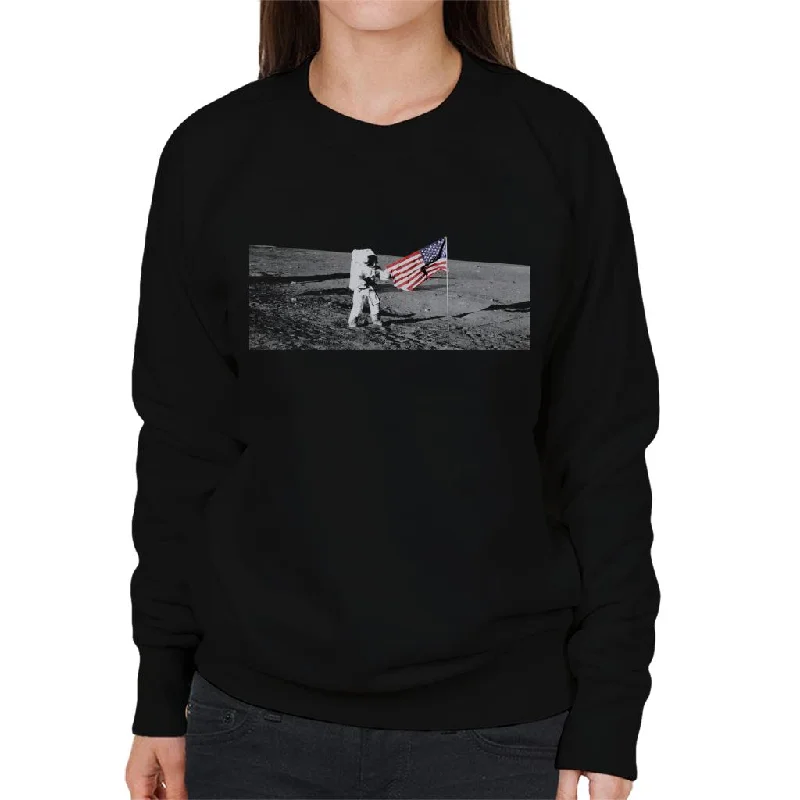 NASA Moon Landing Flag Women's Sweatshirt Hoodie with Thumb Holes Functional Cozy