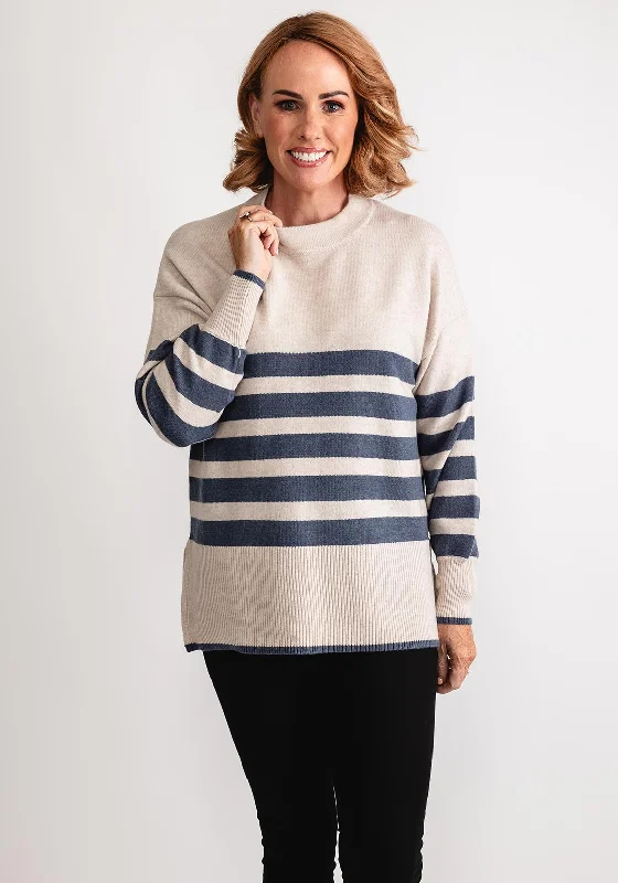 Fransa Bitte Split Hem Striped Jumper, Beige and Blue Houndstooth Herringbone Solid