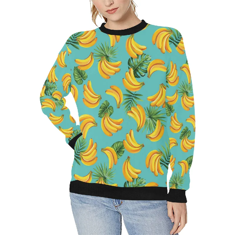 Banana Palm Leaves pattern background Women's Crew Neck Sweatshirt Hoodie with Front Slit Layering Stylish