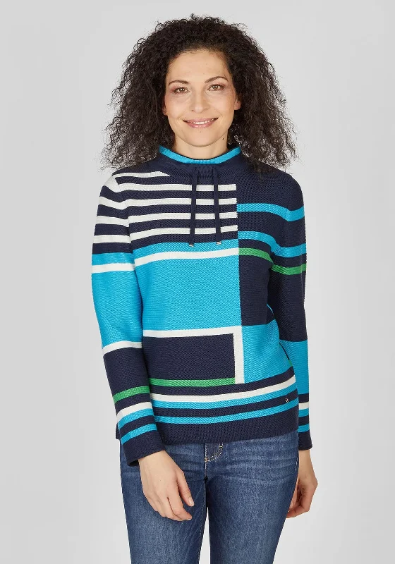 Rabe Drawstring Collar Striped Sweater, Blue Turtle Neck Boat Neck Asymmetrical Neck