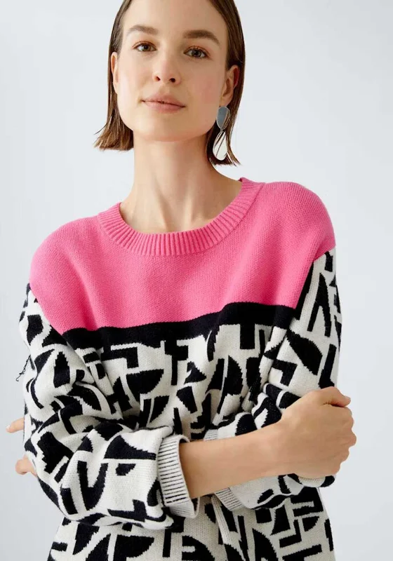 Oui Geometric Colour Block Jumper, Pink Multi Denim Fabric Leather Fabric Suede Fabric