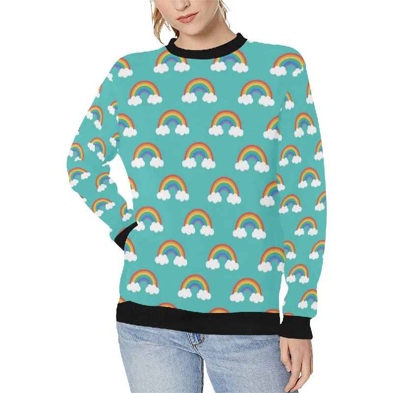 Rainbow pattern green background Women's Crew Neck Sweatshirt Hoodie with Sequins Glamorous Eye-catching