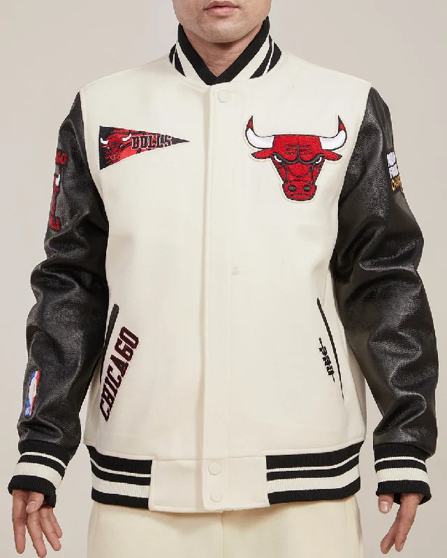 NBA CHICAGO BULLS RETRO CLASSIC RIB WOOL VARSITY JACKET (EGGSHELL/ BLACK) Anorak Shell Jacket Lightweight Jacket