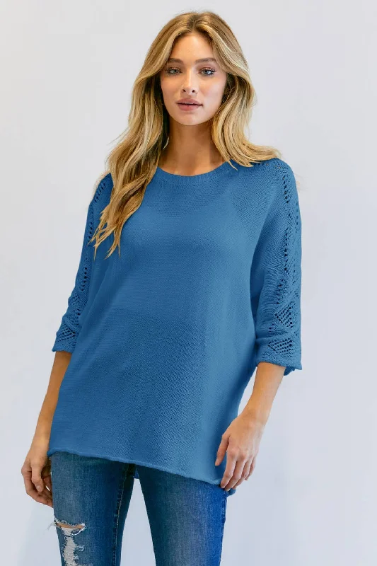 Boat Neck Half Sleeve Knit Sweater - Davi & Dani Ribbed Striped Patterned