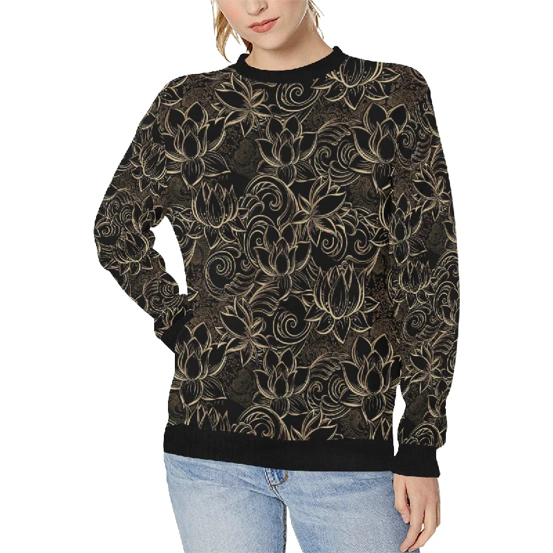 luxurious gold lotus waterlily black background Women's Crew Neck Sweatshirt Hoodie with Bell Sleeves Flared Feminine