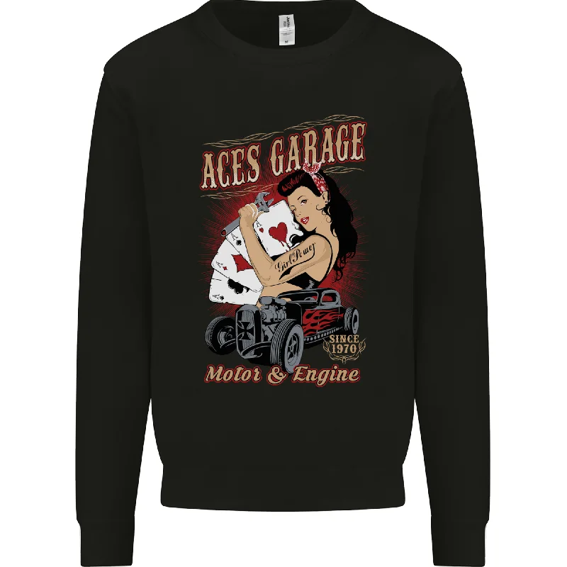 Aces Garage Hotrod Hot Rod Dragster Car Mens Sweatshirt Jumper Hoodie with Illustration Artistic Creative