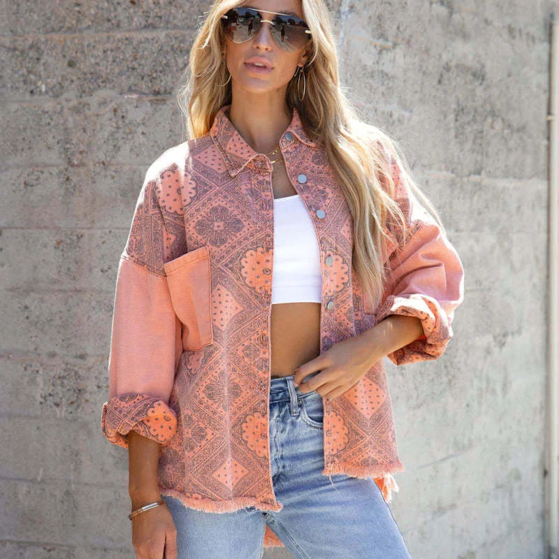 Women Fashion Casual Geometry Totem Printed Loose Vintage Denim Jacket Mesh Jacket Canvas Jacket Denim Jacket Women Fashion Casual Geometry Totem Printed Loose Vintage Denim Jacket Mesh Jacket Canvas Jacket Denim Jacket
