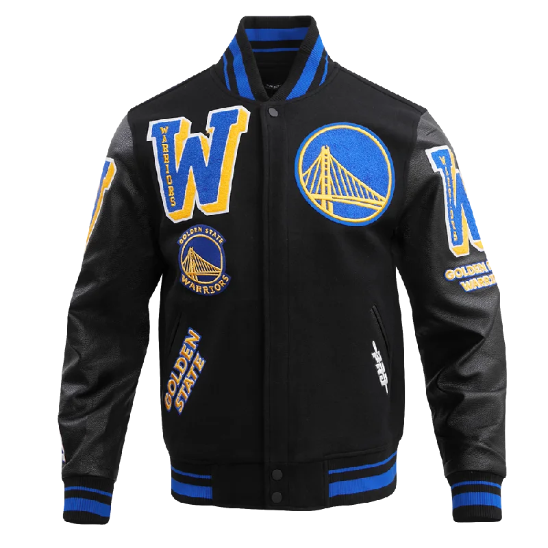 NBA GOLDEN STATE WARRIORS MASHUP MEN'S RIB WOOL VARSITY JACKET (BLACK/ROYAL BLUE/BLACK) Oversized Jacket Tailored Jacket Straight Jacket