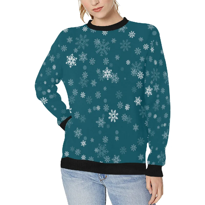 Snowflake pattern dark background Women's Crew Neck Sweatshirt Hoodie with Puffed Sleeves Voluminous Trendy